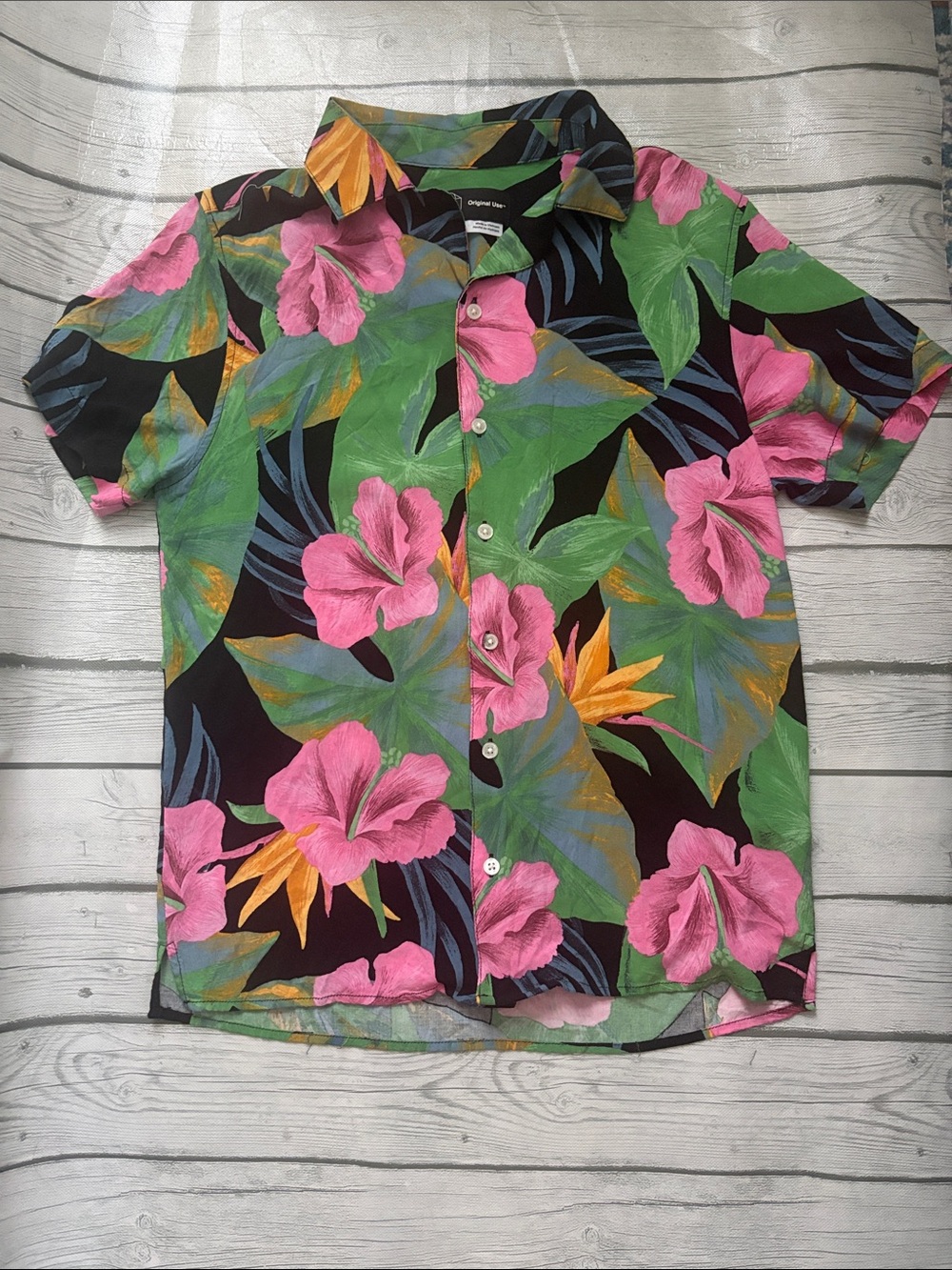 Tropical Floral Short-Sleeve Button-Up Shirt - Pink & Green